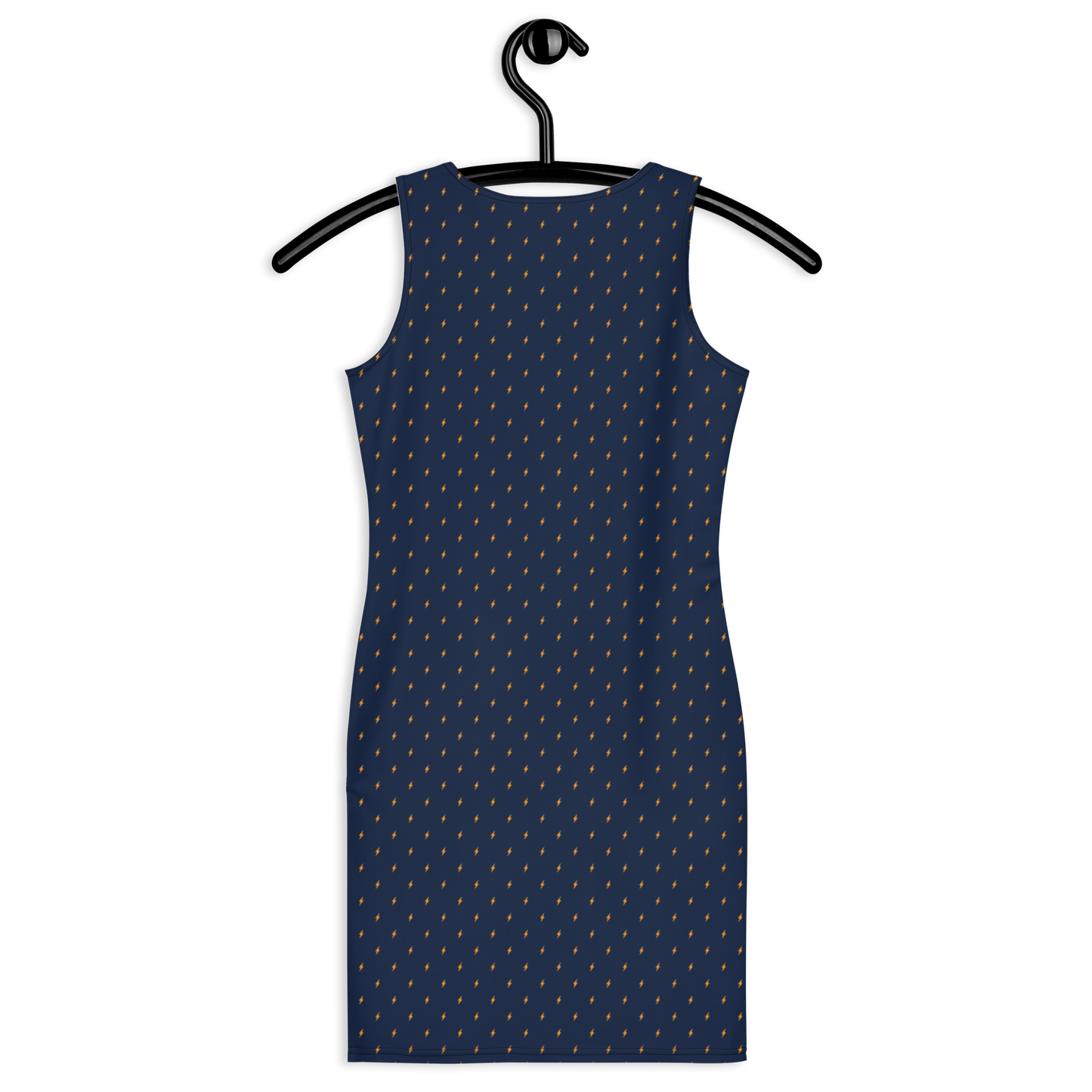 Back view of a navy blue bitcoin bodycon dress.