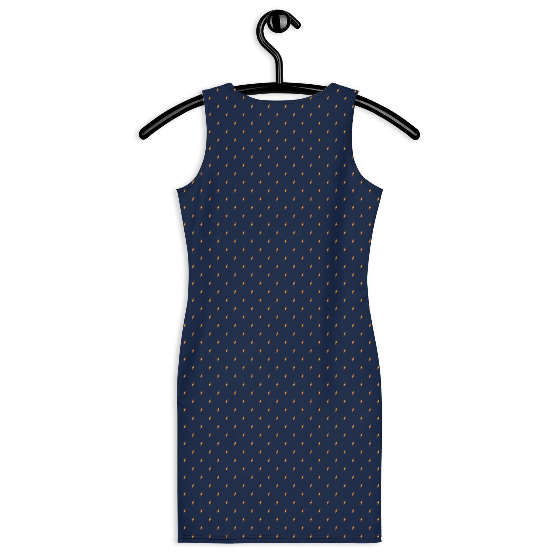Back view of a navy blue bitcoin bodycon dress.