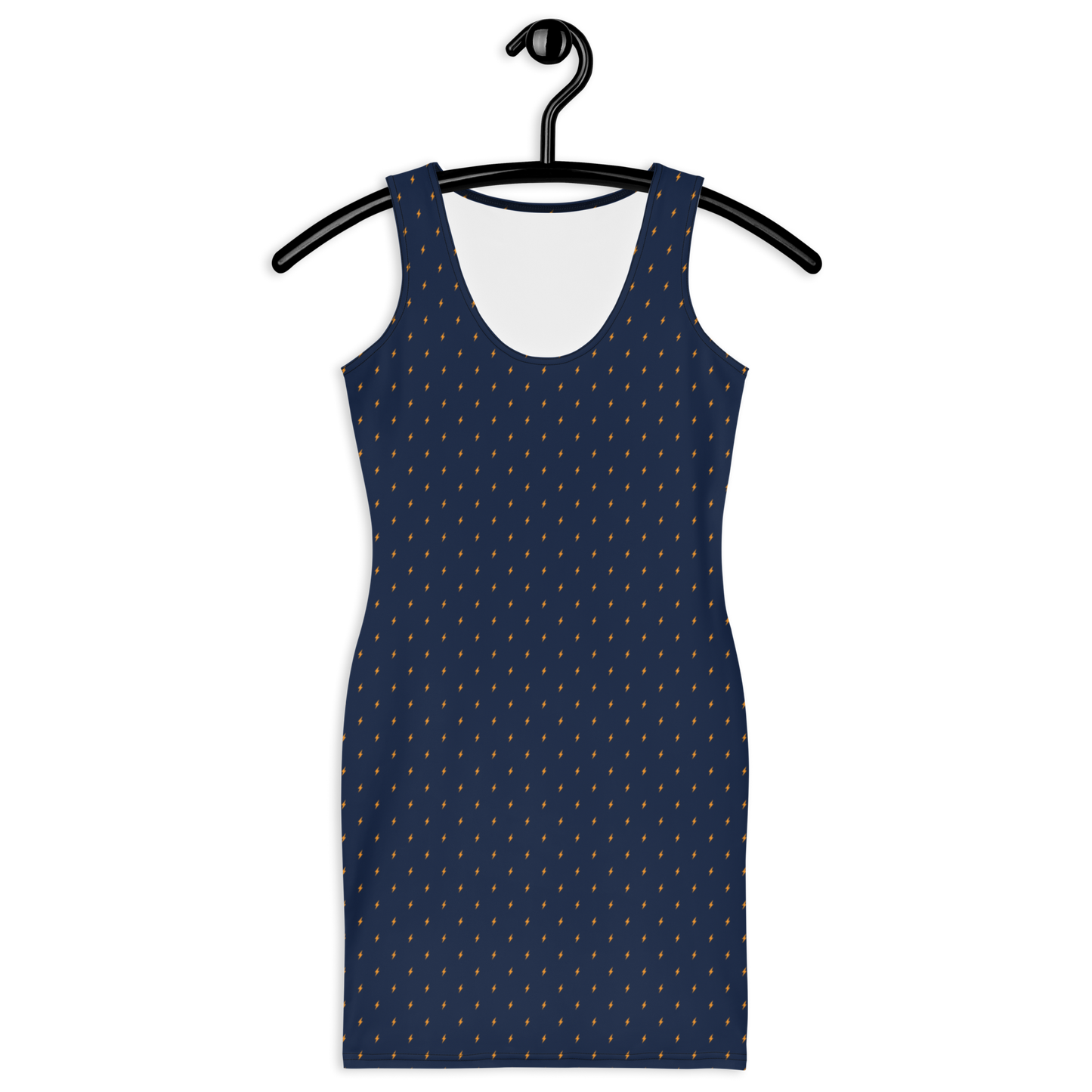 Front view of a navy blue bitcoin bodycon dress.