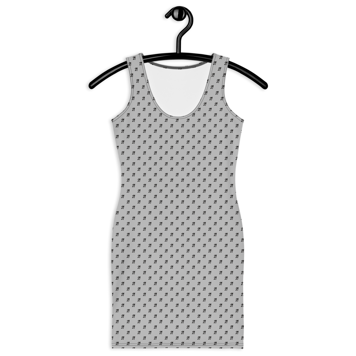 Front view of a silver bitcoin bodycon dress.