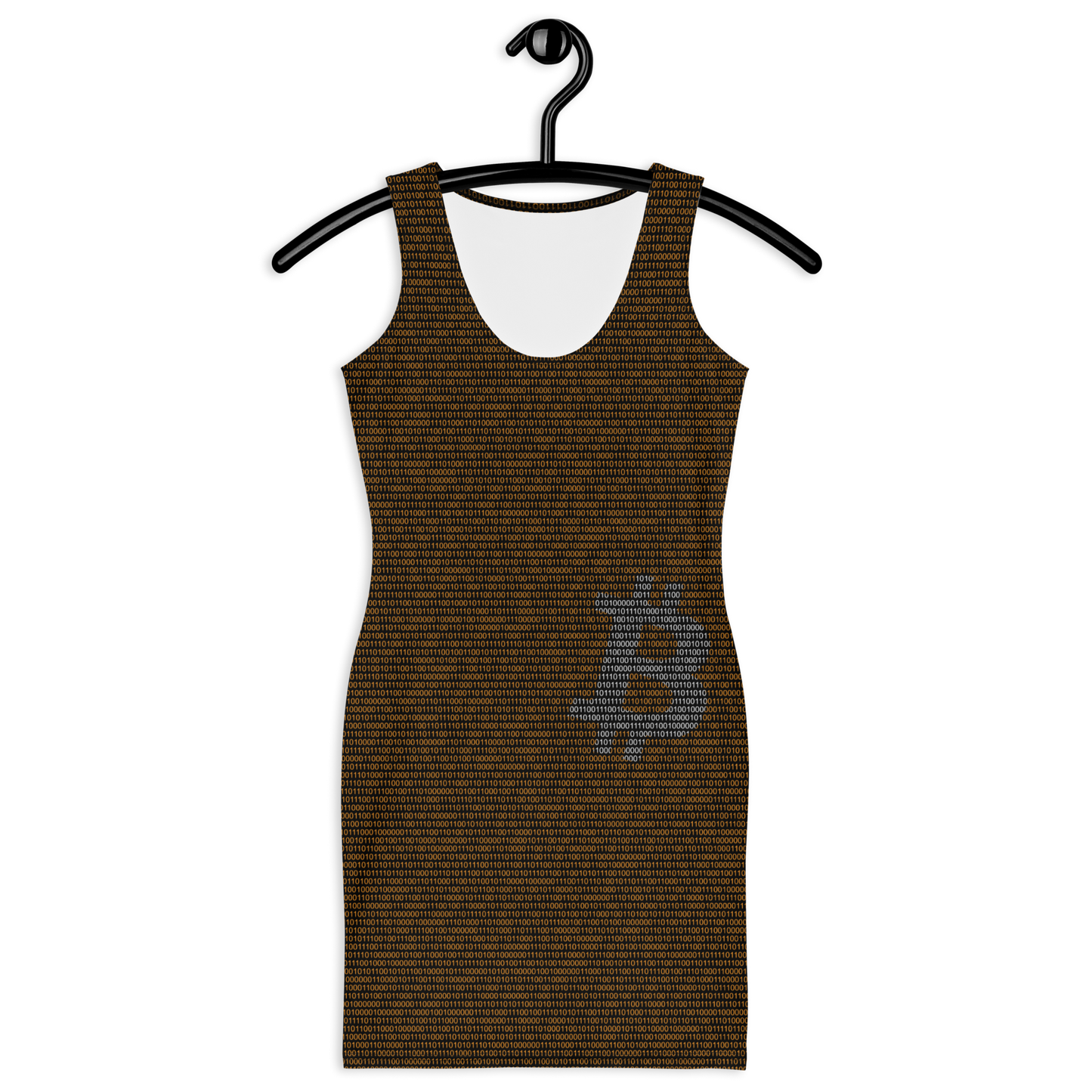Front view of a black bitcoin bodycon dress.