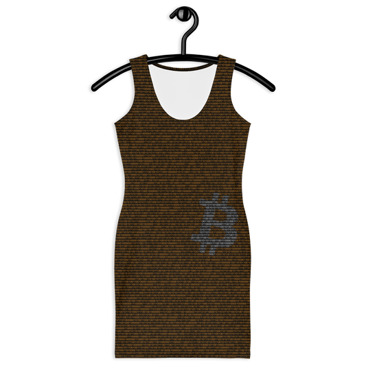 Front view of a black bitcoin bodycon dress.