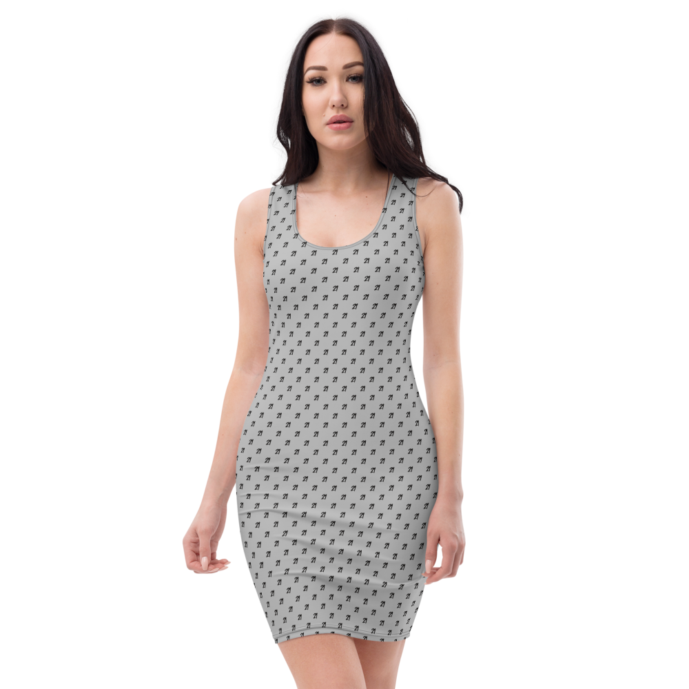 Front view of a woman wearing a silver bitcoin bodycon dress.