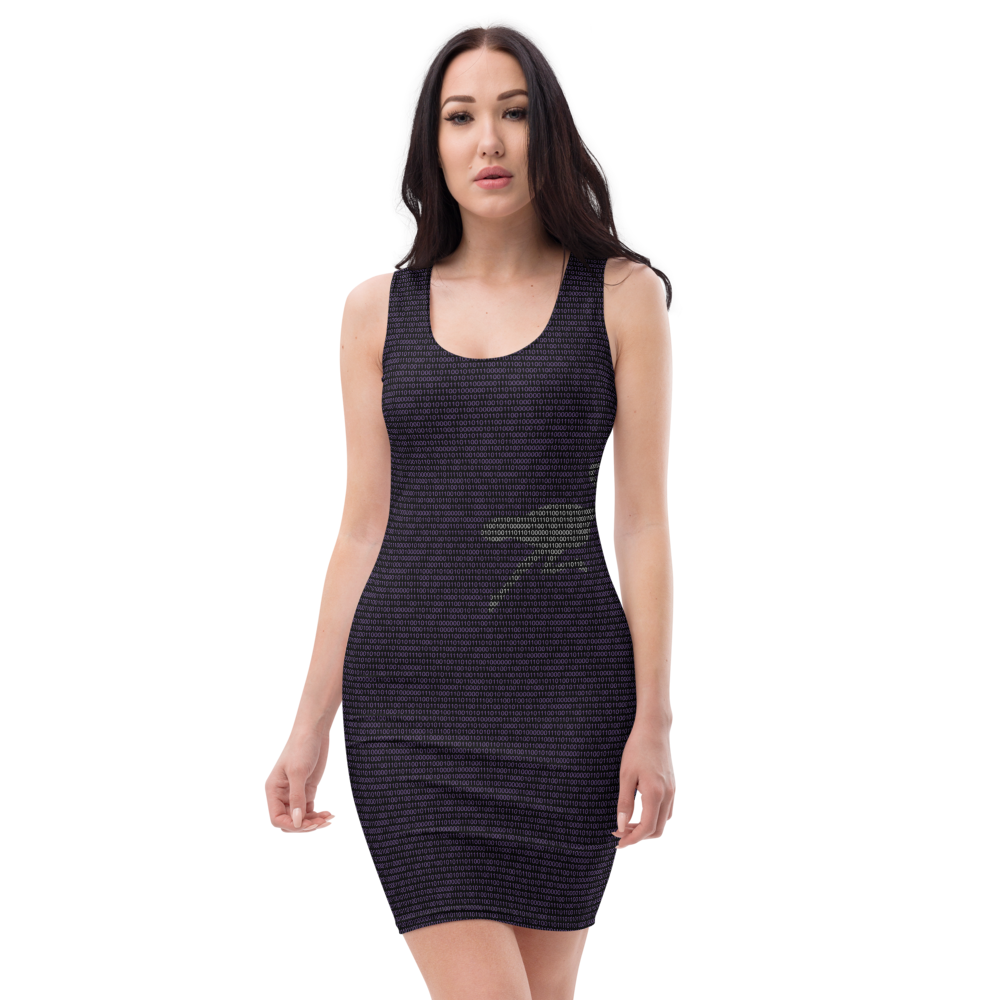 Front view of a woman wearing a black nostr bodycon dress.