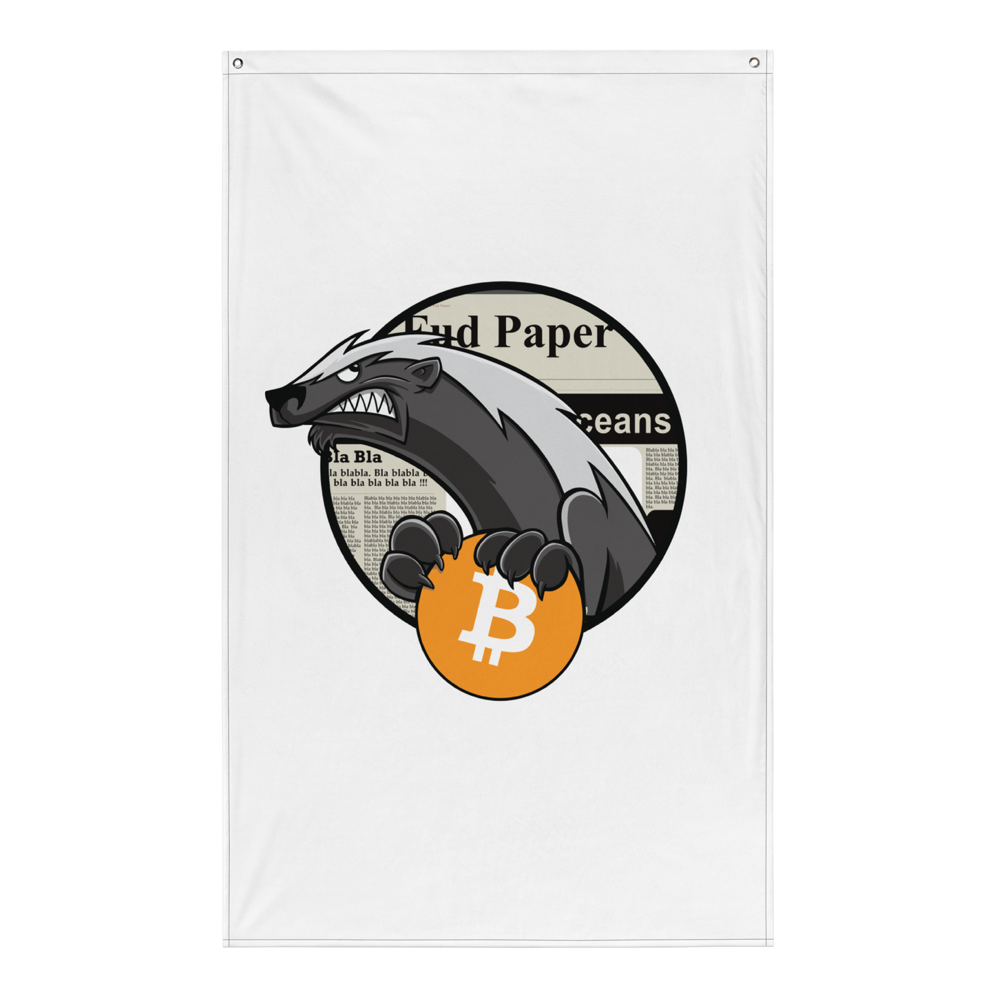 Front view of a white bitcoin flag.