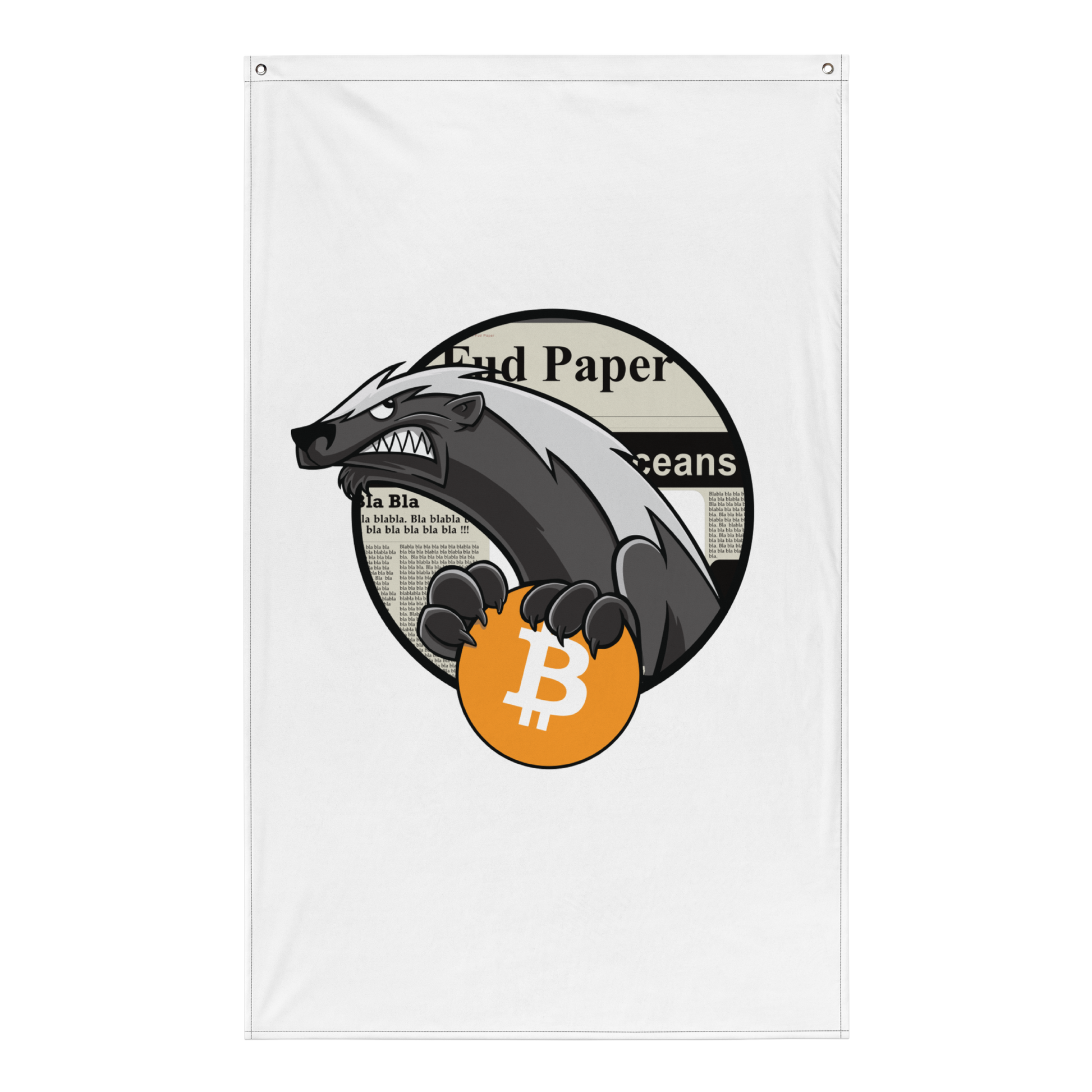 Front view of a white bitcoin flag.