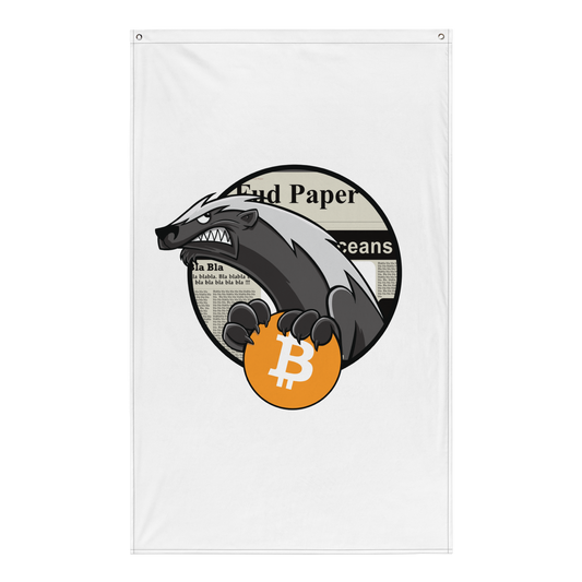 Front view of a white bitcoin flag.