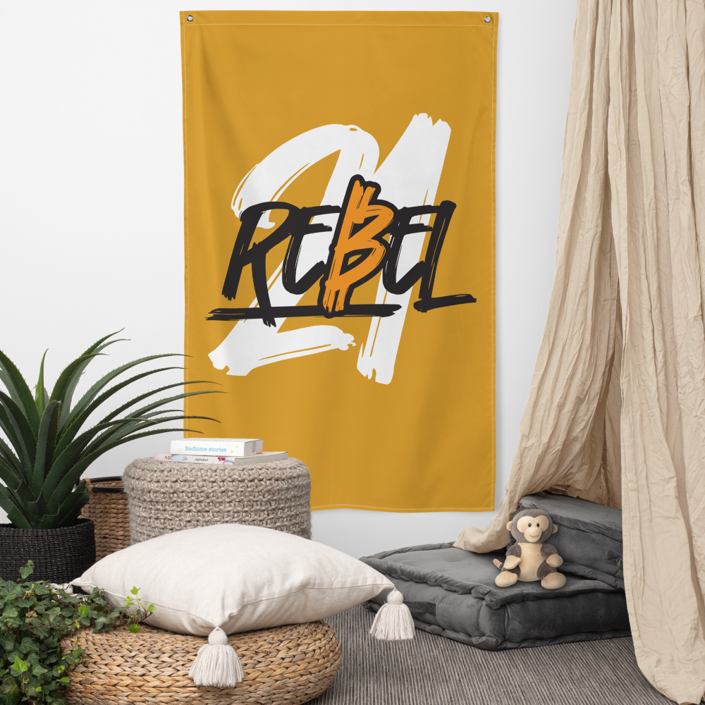 View of an orange bitcoin flag hanging in a living room.