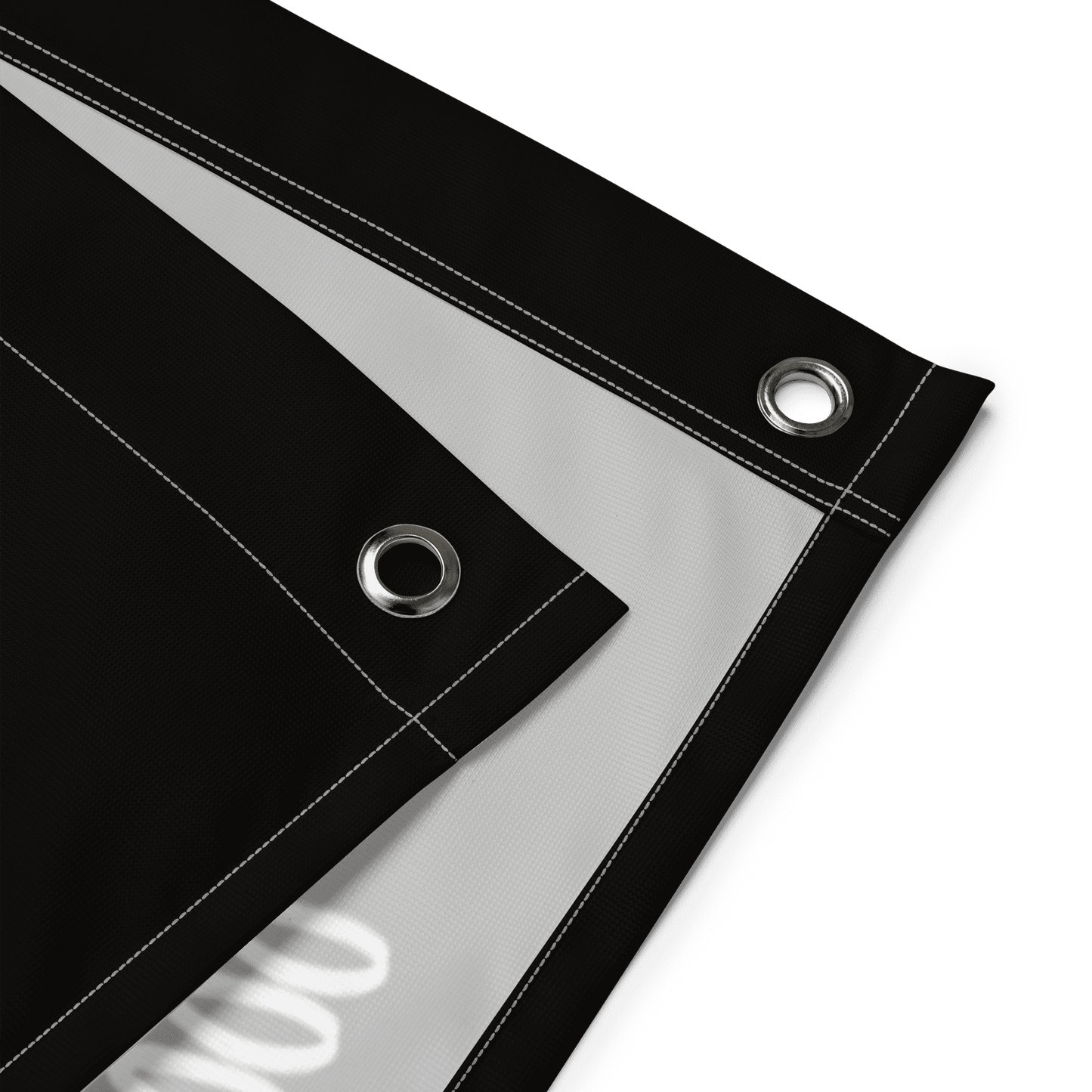Detailed view of the eyelets of the black bitcoin flag.