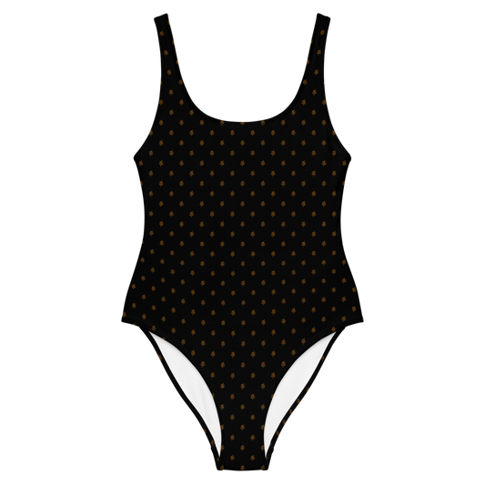Front view of a black bitcoin swimsuit.