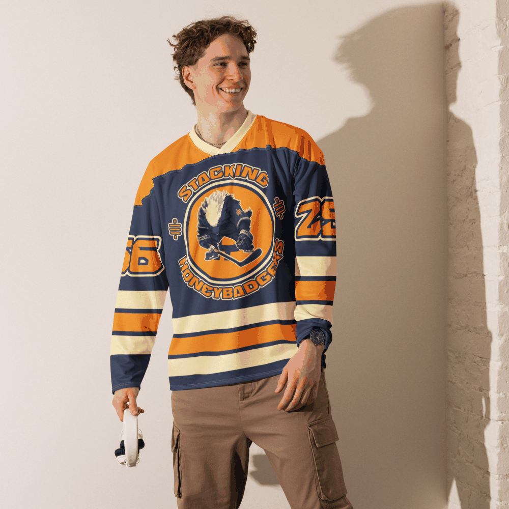 Stacking Honey Badgers Bitcoin hockey jersey with certification logos