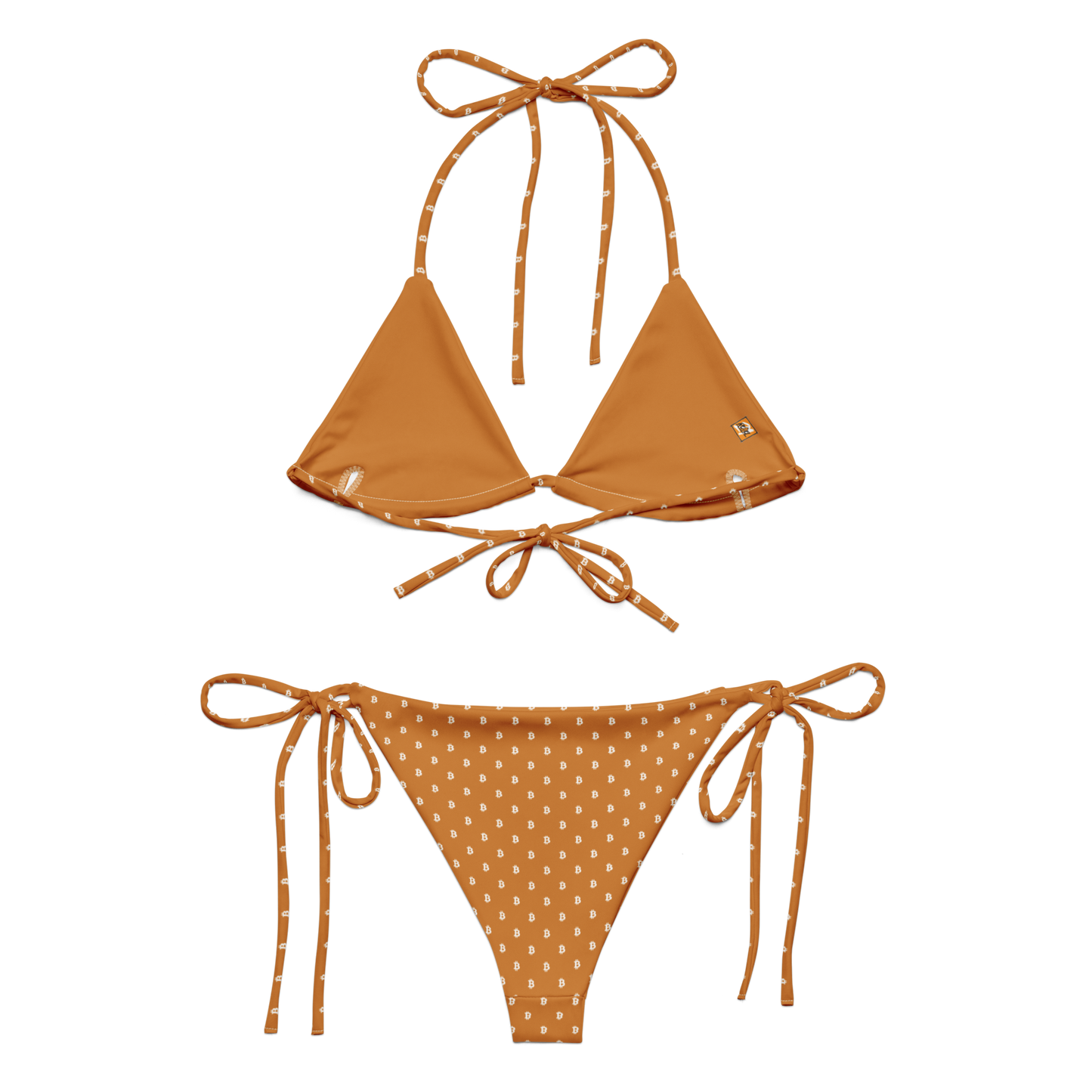 Back view of an orange bitcoin bikini.