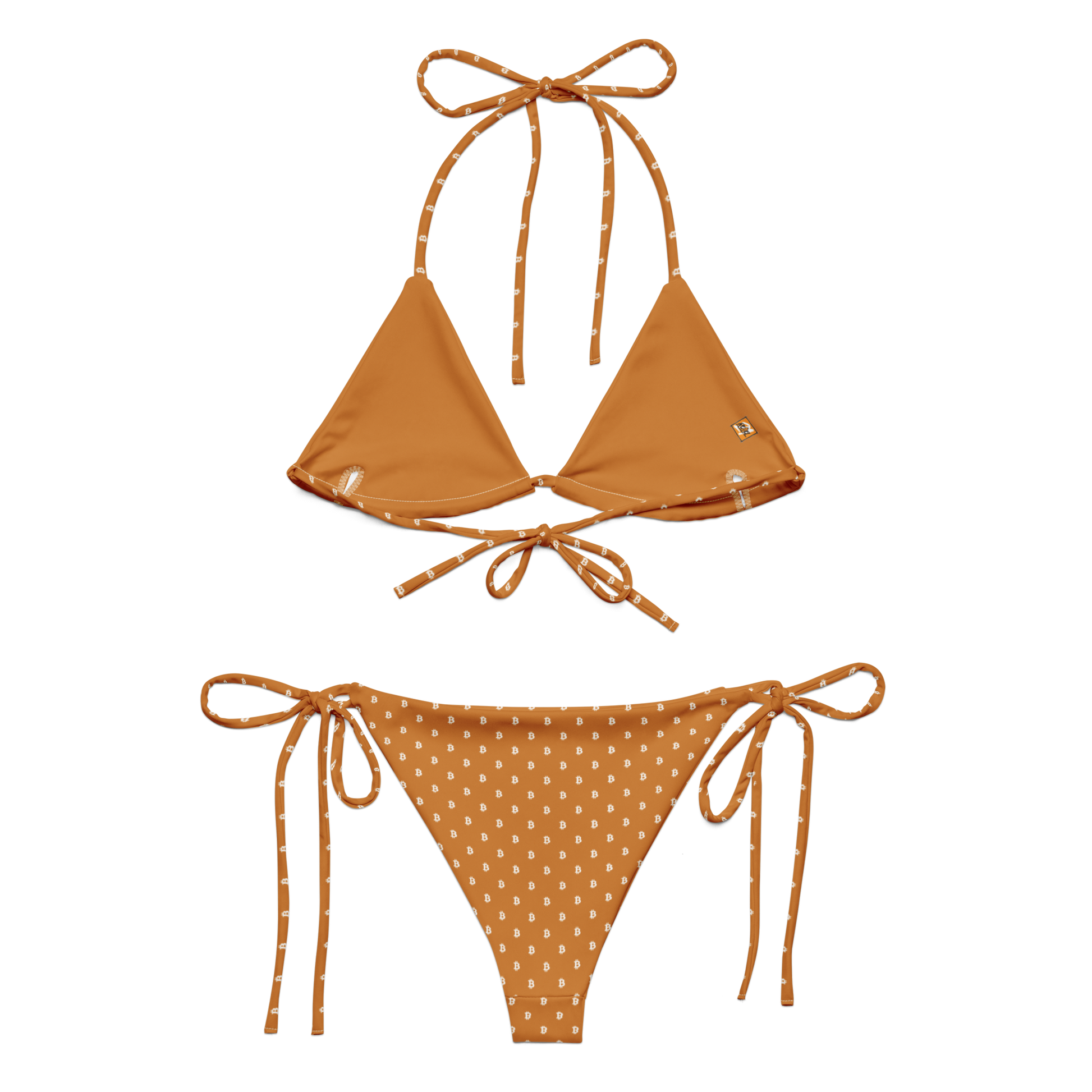 Back view of an orange bitcoin bikini.