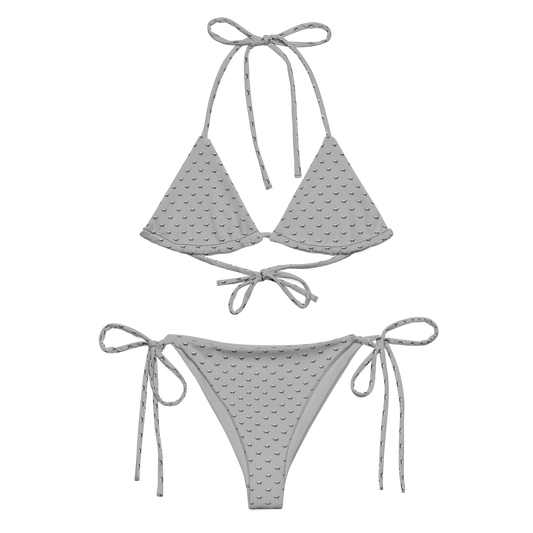 Front view of a silver bitcoin bikini.