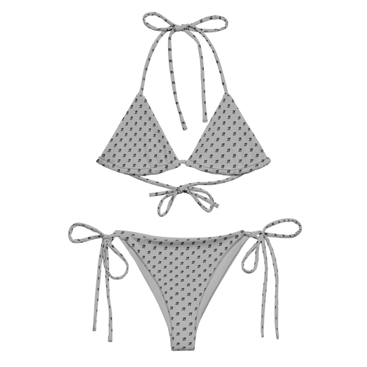 Front view of a silver bitcoin bikini.