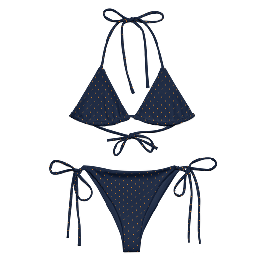 Front view of a navy blue bitcoin bikini.