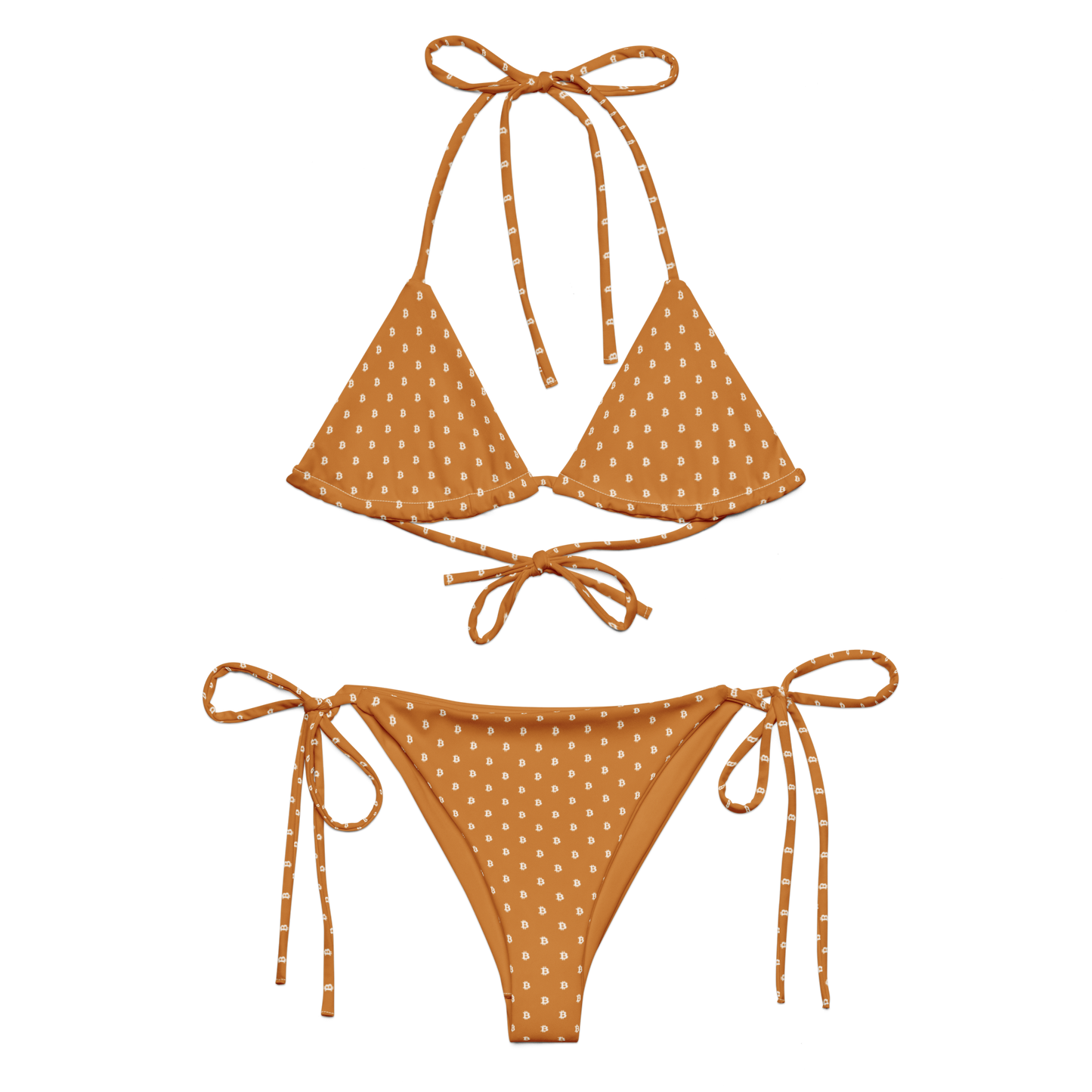 Front view of an orange bitcoin bikini.