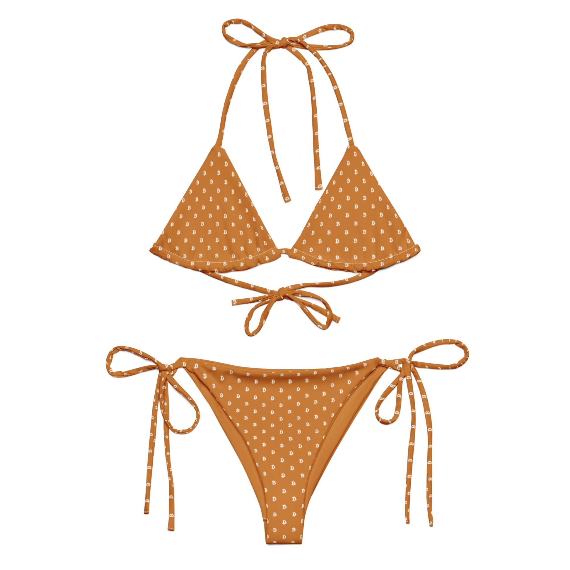 Front view of an orange bitcoin bikini.