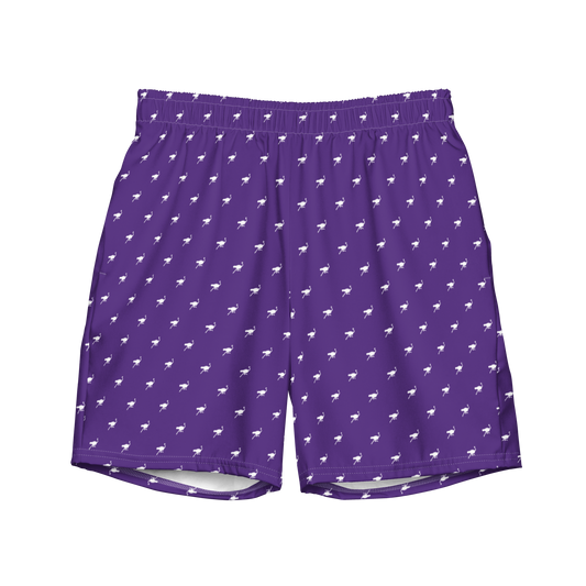 Front view of purple nostr swim trunks.
