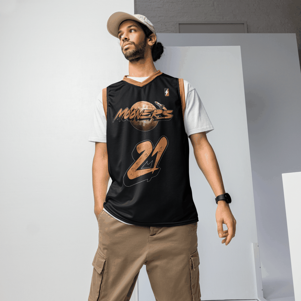 Bitcoin basketball jersey with Mooners team logo and eco-friendly certification badges