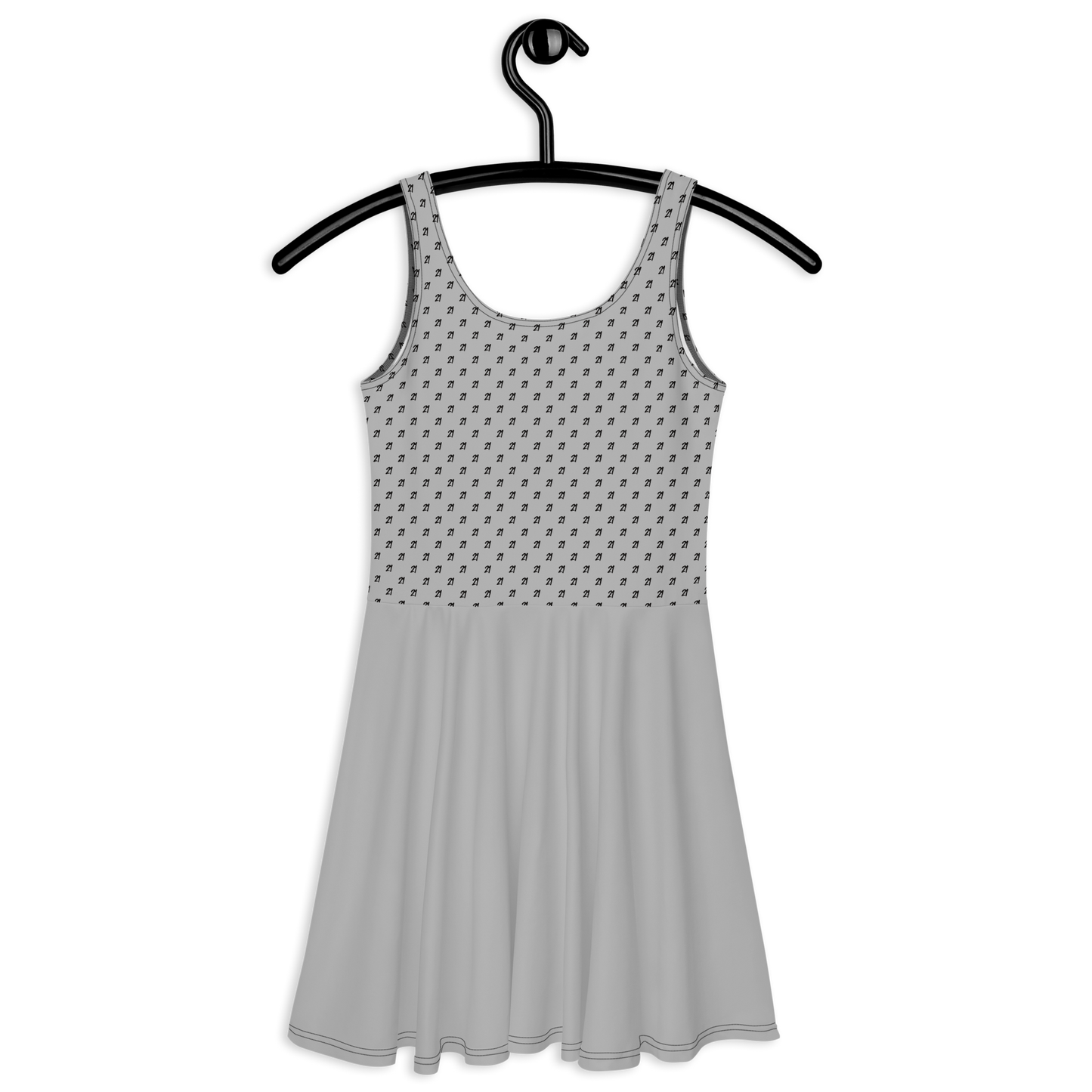 Back view of a silver bitcoin skater dress.