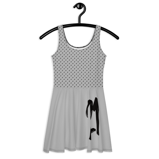 Front view of a silver bitcoin skater dress.