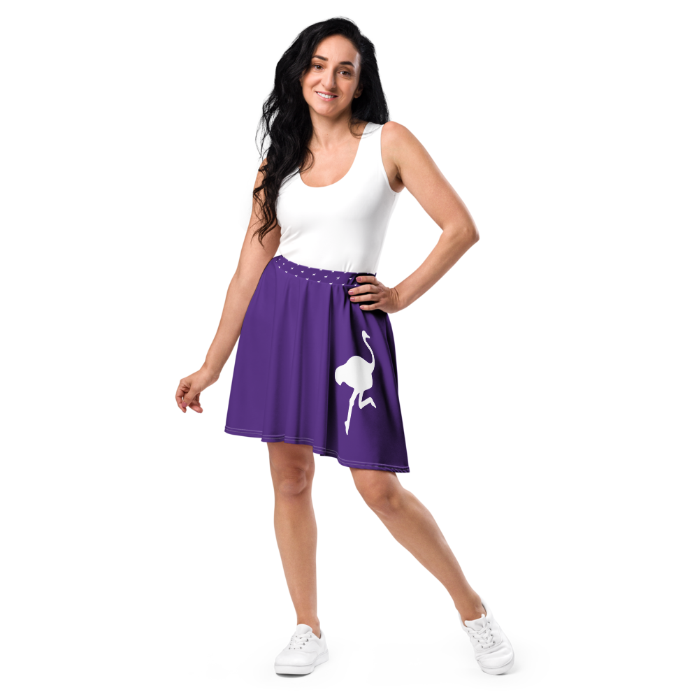 Front view of a woman wearing a purple nostr skirt.
