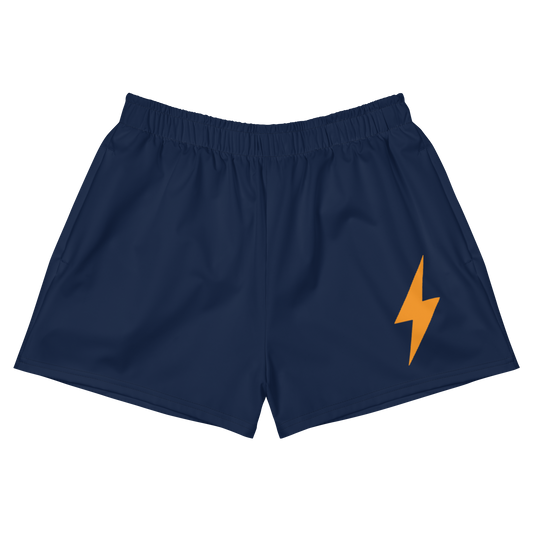 Front view of navy blue bitcoin athletic shorts.