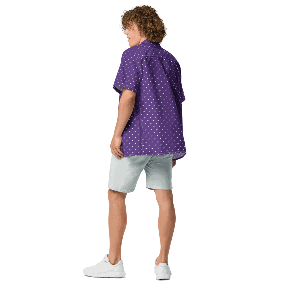 Certification logos for OEKO-TEX and GRS on purple Nostr Button Shirt product page