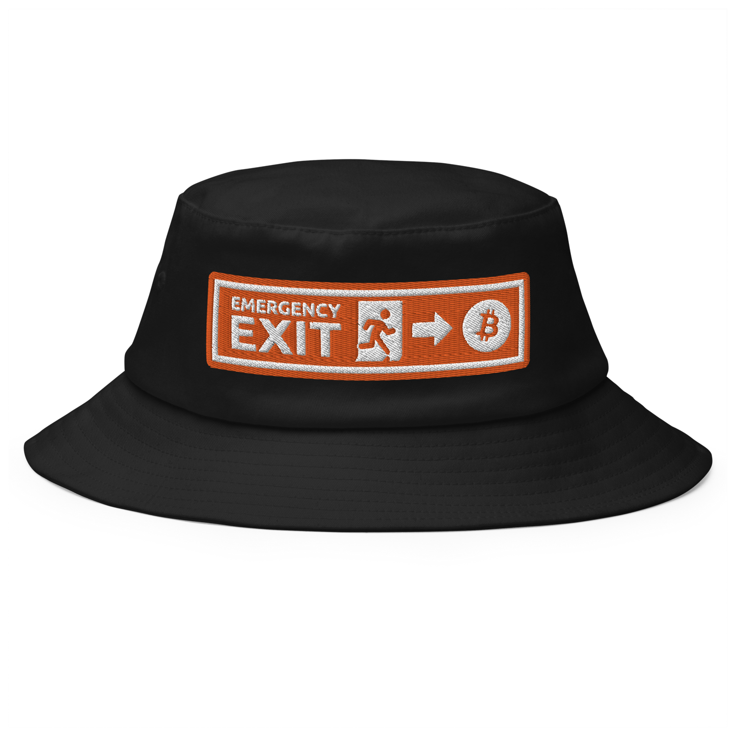 Front view of a black bitcoin bucket hat.