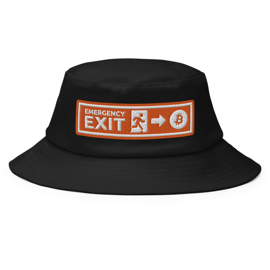 Front view of a black bitcoin bucket hat.