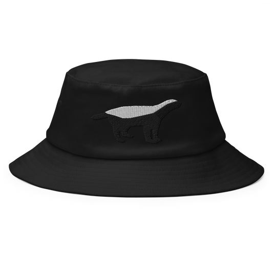 Front view of a black bitcoin bucket hat.