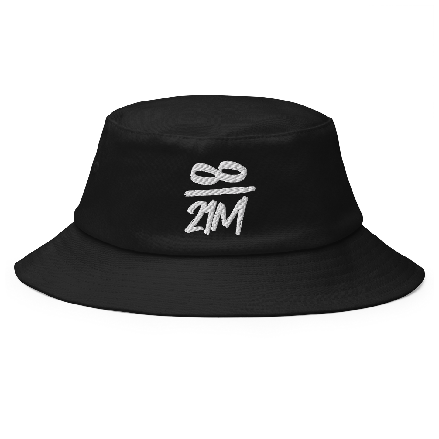 Front view of a black bitcoin bucket hat.