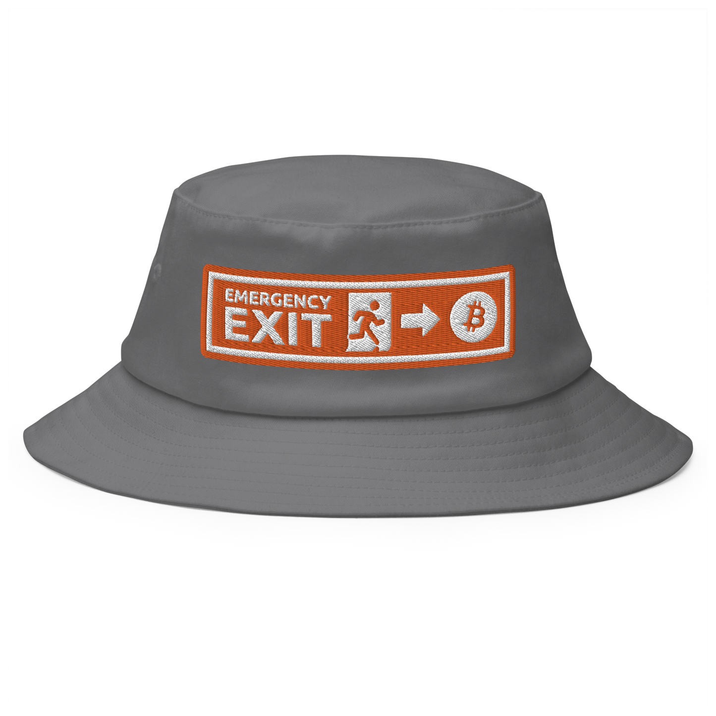 Front view of a grey bitcoin bucket hat.