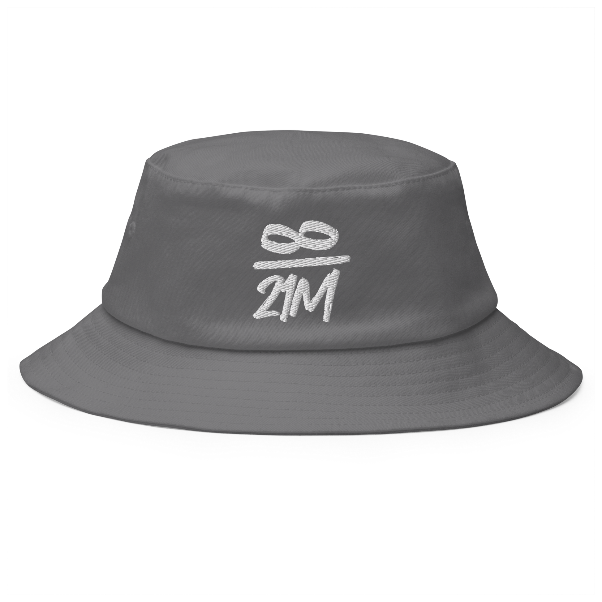 Front view of a grey bitcoin bucket hat.