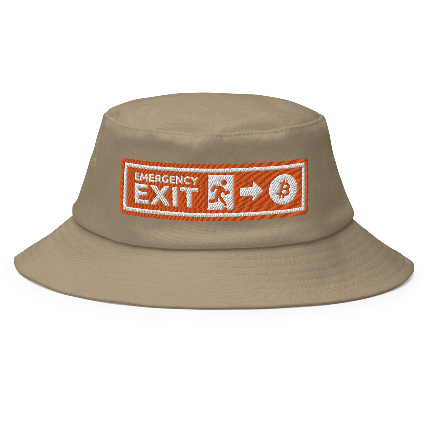 Front view of a khaki bitcoin bucket hat.