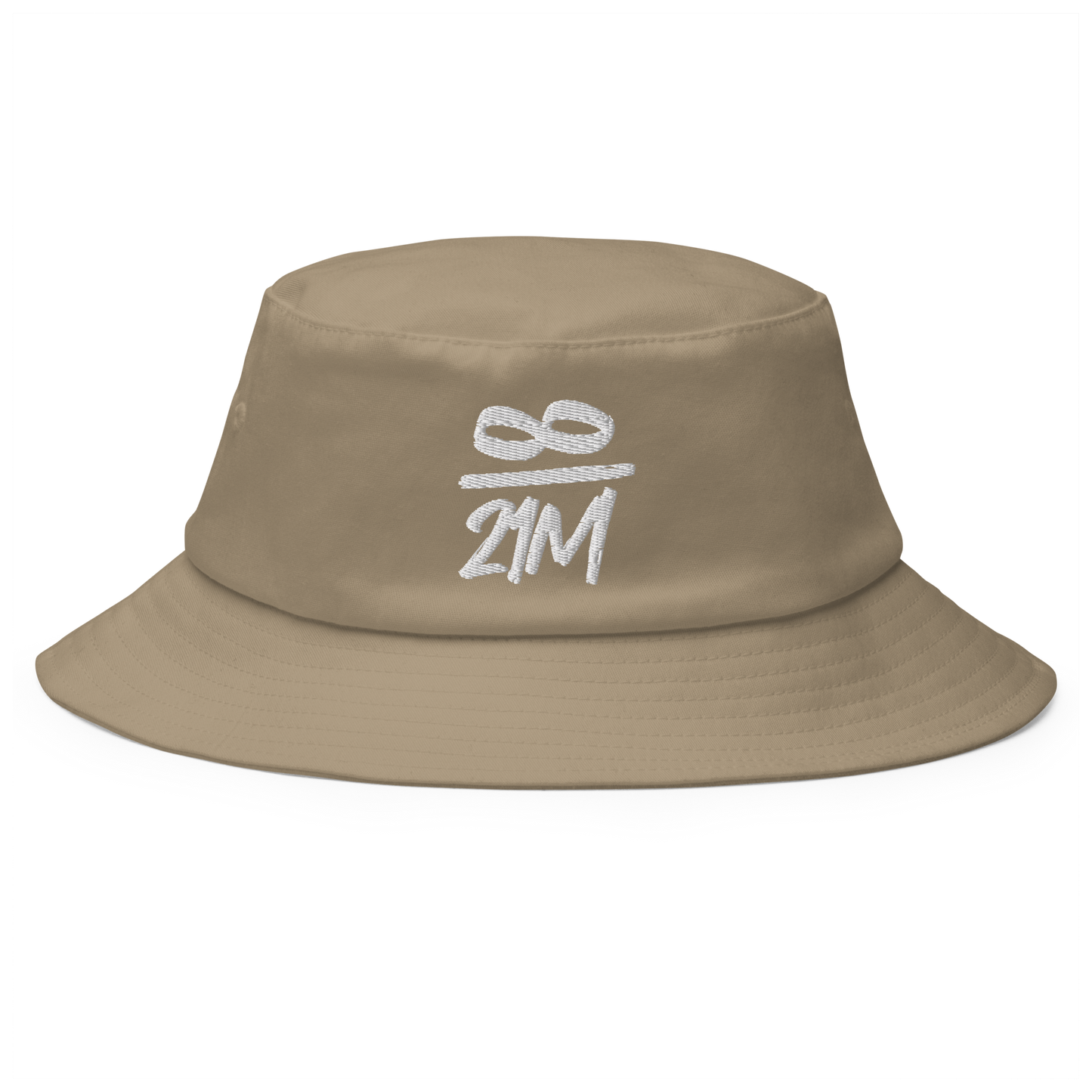 Front view of a khaki bitcoin bucket hat.