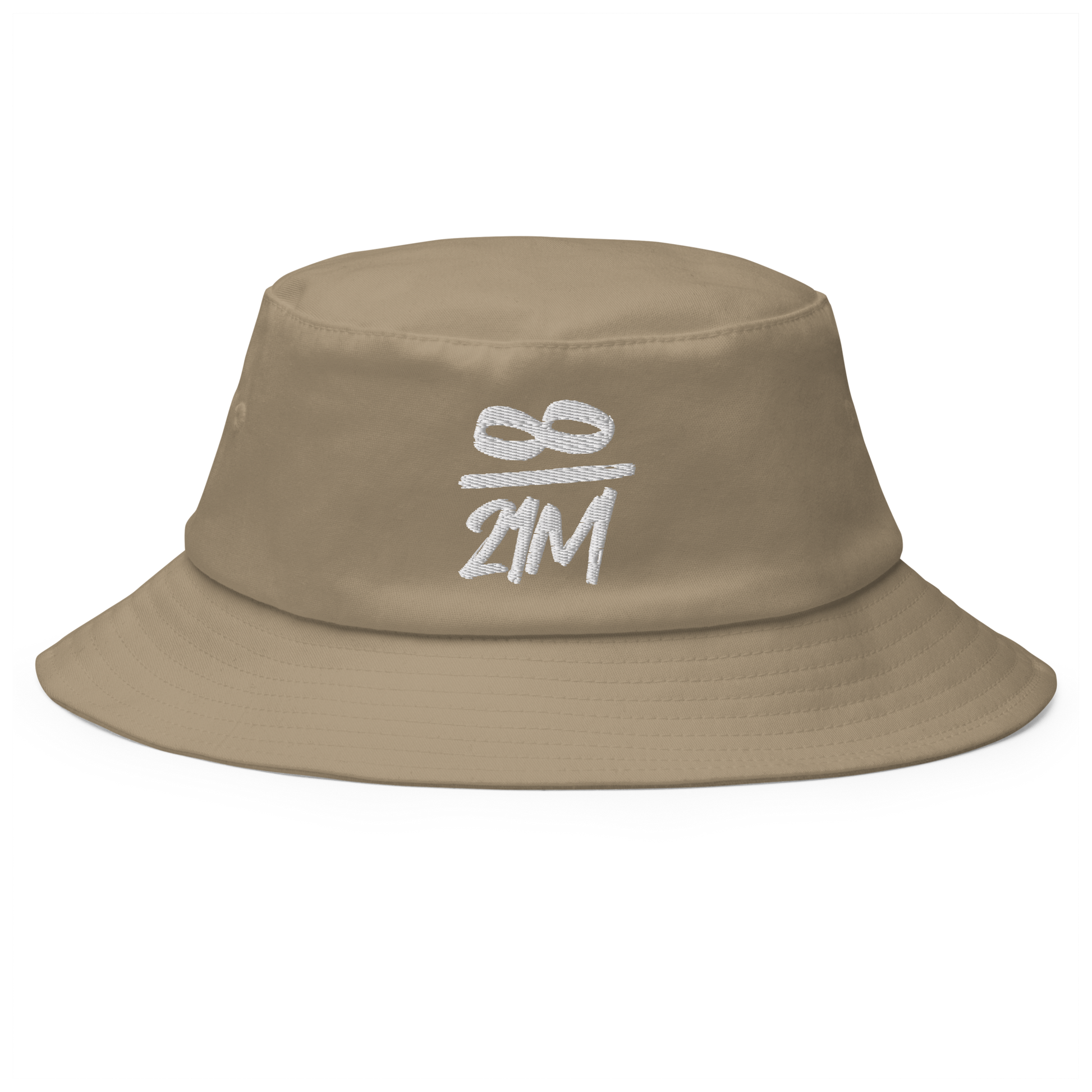 Front view of a khaki bitcoin bucket hat.