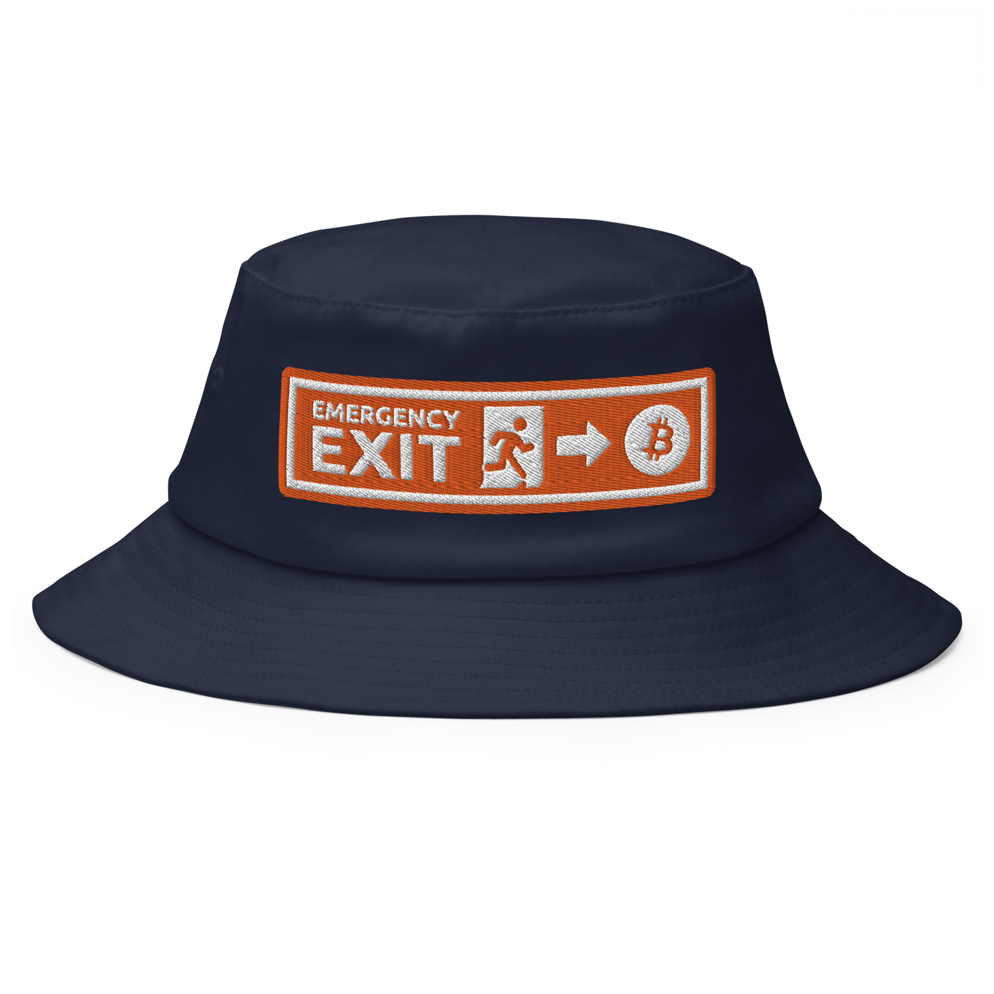 Front view of a navy colored bitcoin bucket hat.