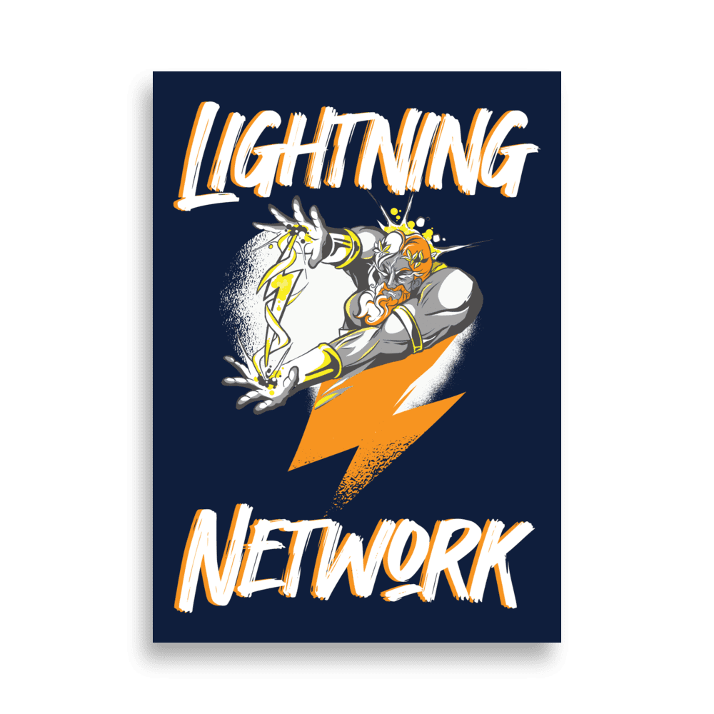 Front view of a blue 50x70cm bitcoin poster.