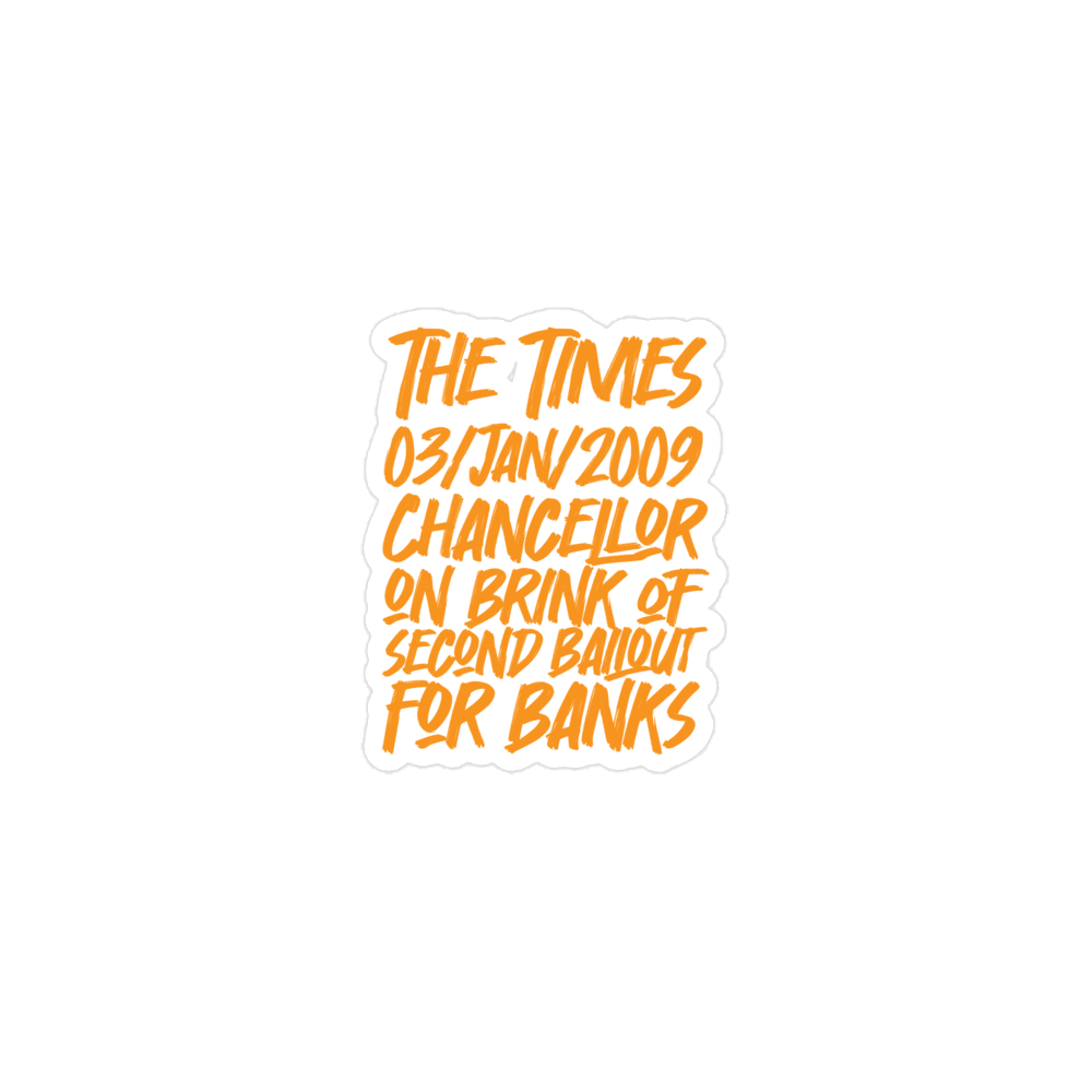 Front view of a 3x3" bitcoin sticker.