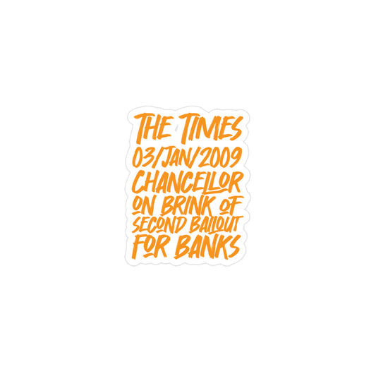 Front view of a 3x3" bitcoin sticker.