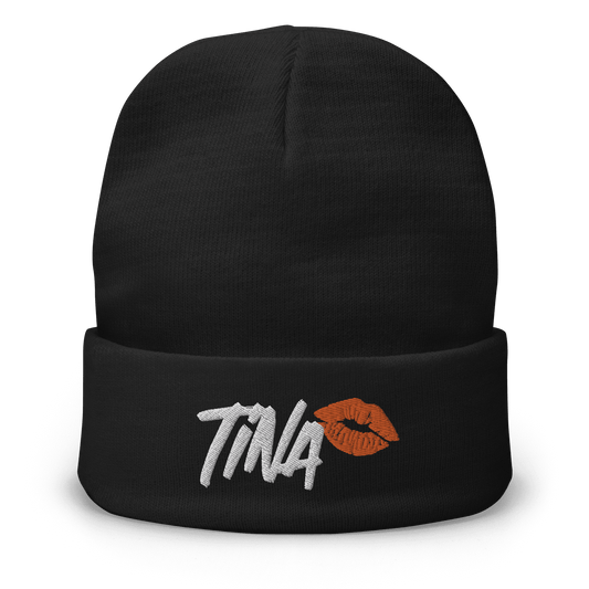 Front view of a black bitcoin beanie.