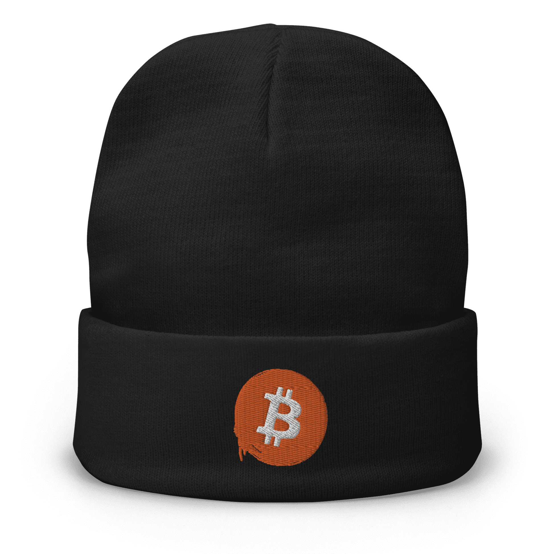 Front view of a black bitcoin beanie.