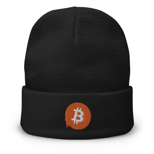 Front view of a black bitcoin beanie.