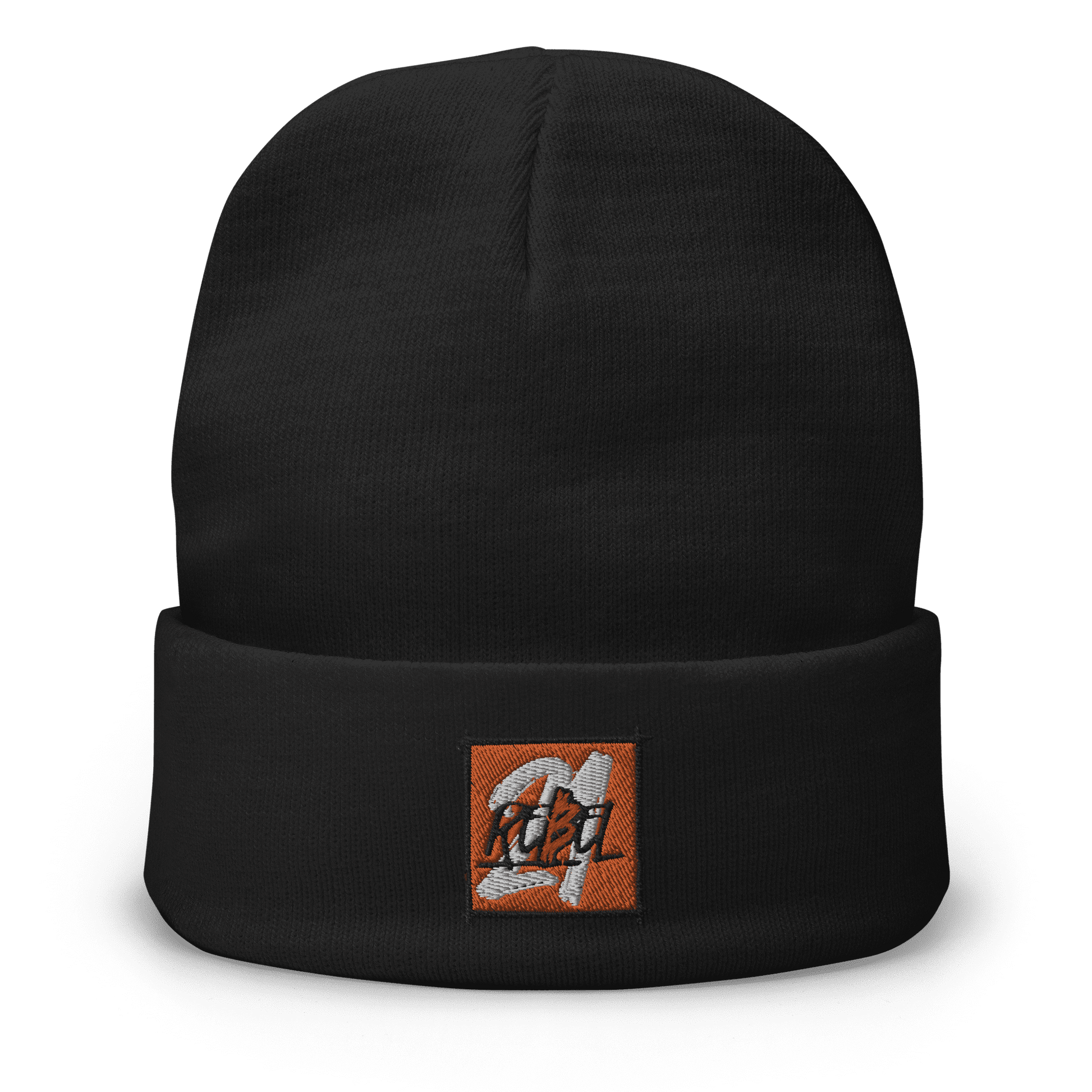 Front view of a black bitcoin beanie.