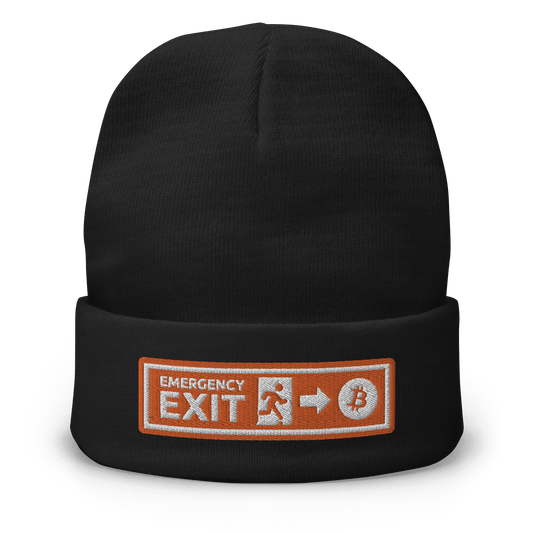 Front view of a black bitcoin beanie.