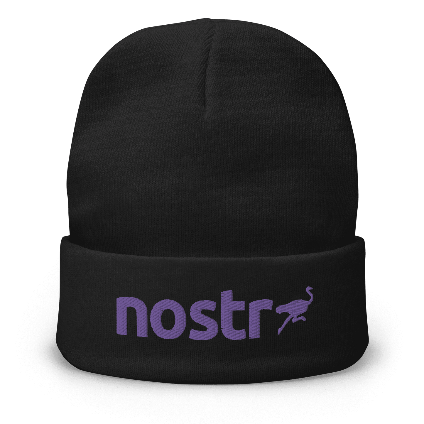 Front view of a black nostr beanie.