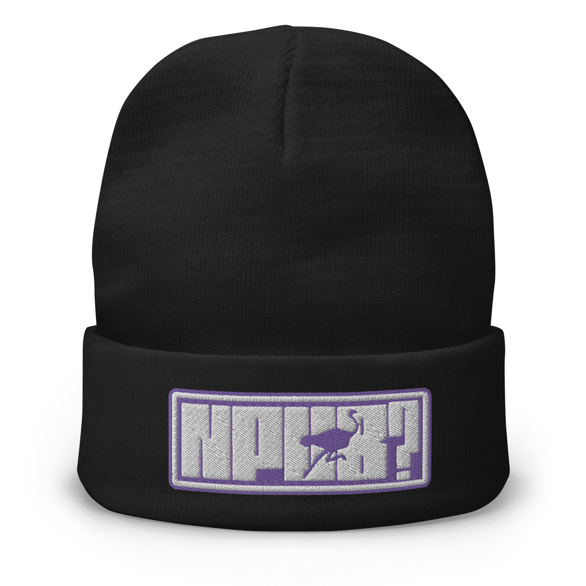 Front view of a black nostr beanie.