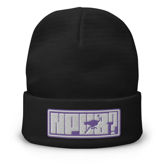 Front view of a black nostr beanie.
